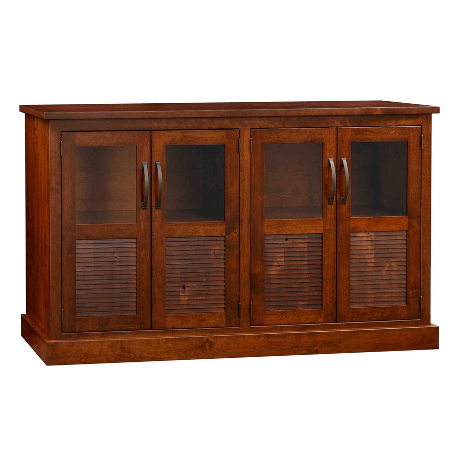 Cherry stained 72 inch sideboard buffet with four doors, glass upper panels over louvered lower panels and bronze bar pulls