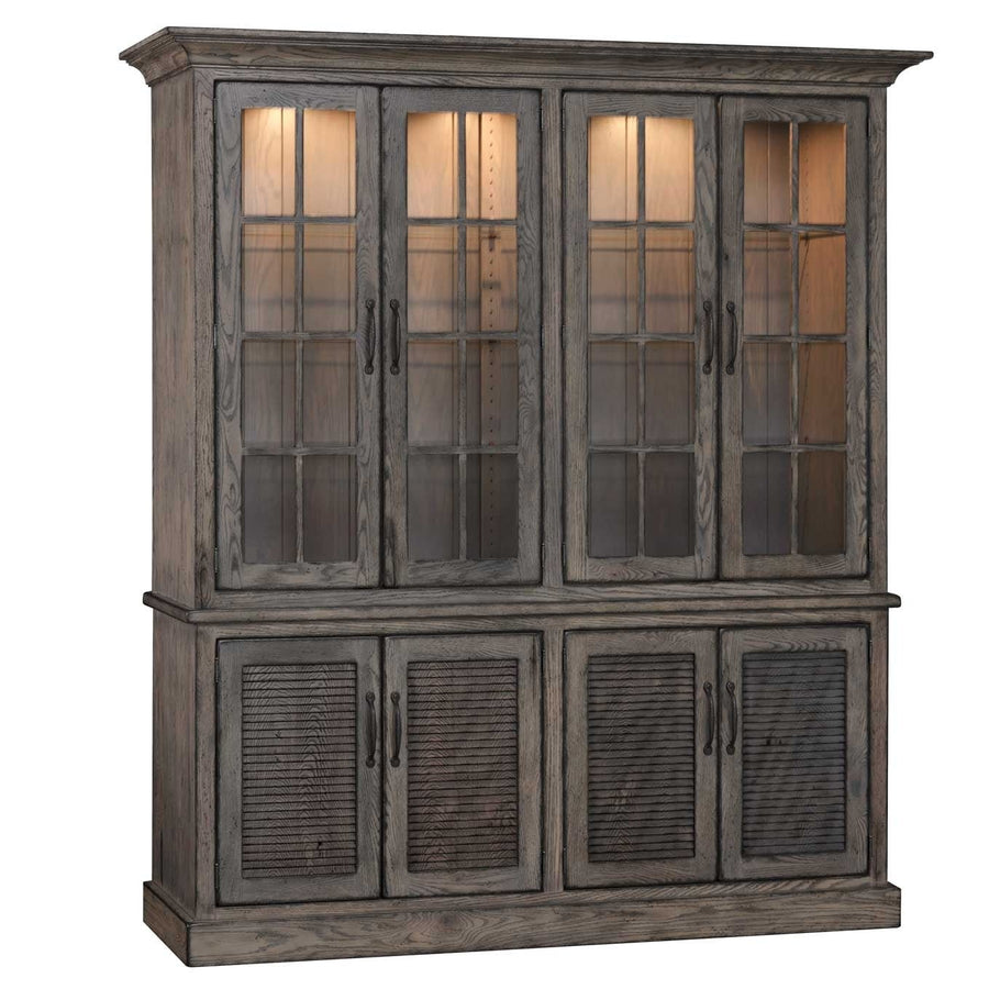 Gray weathered oak four-door china cabinet with lit mullioned glass upper doors and louvered lower cabinet doors