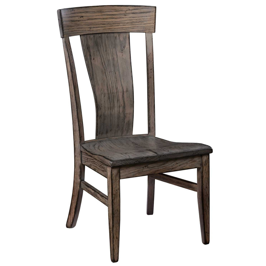 Weathered gray oak lumbar dining chair showing open grain, curved center back panel and scooped plank seat