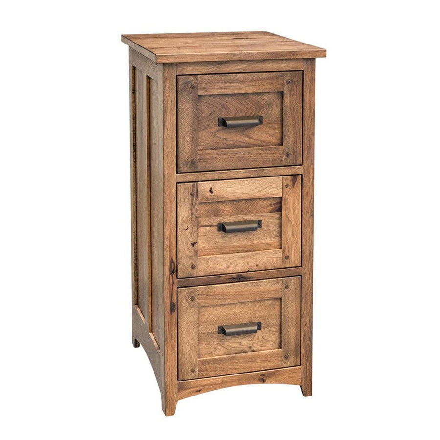 Tall three drawer solid wood file cabinet in natural hickory with black bar pulls and paneled sides