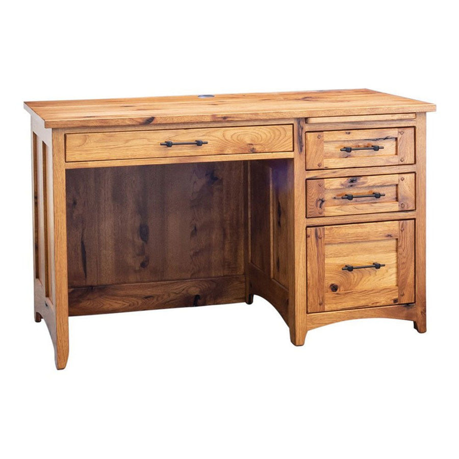 Single pedestal desk in rustic hickory with a wide pencil drawer, three side drawers, slatted side panel and black bar pulls