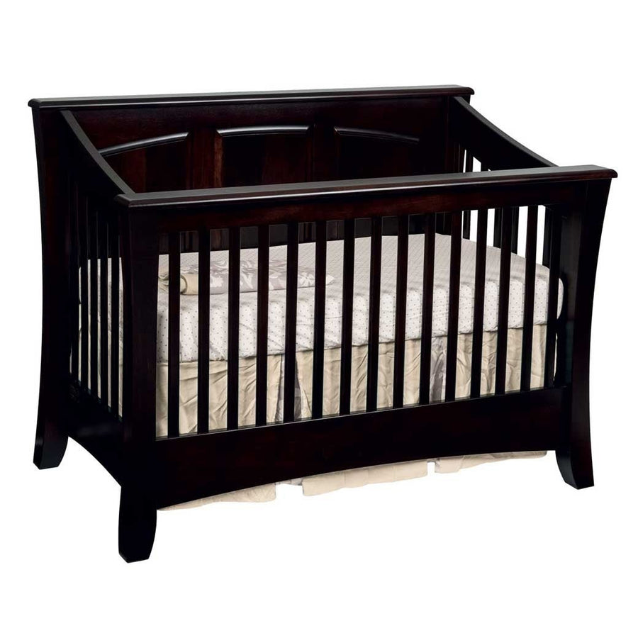 Dark espresso 4 in 1 convertible crib with curved flared posts, arched panel back and narrow mission slats