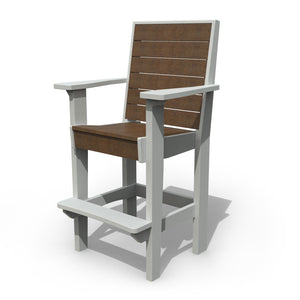 Two-tone counter height patio arm chair with brown horizontal slat back and seat on a white frame with footrest