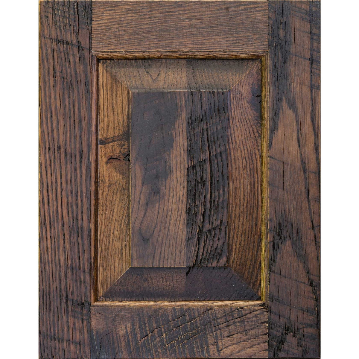 Cocoa finish on oak barnwood door sample, a dark brown rustic panel with cracks and saw kerf marks