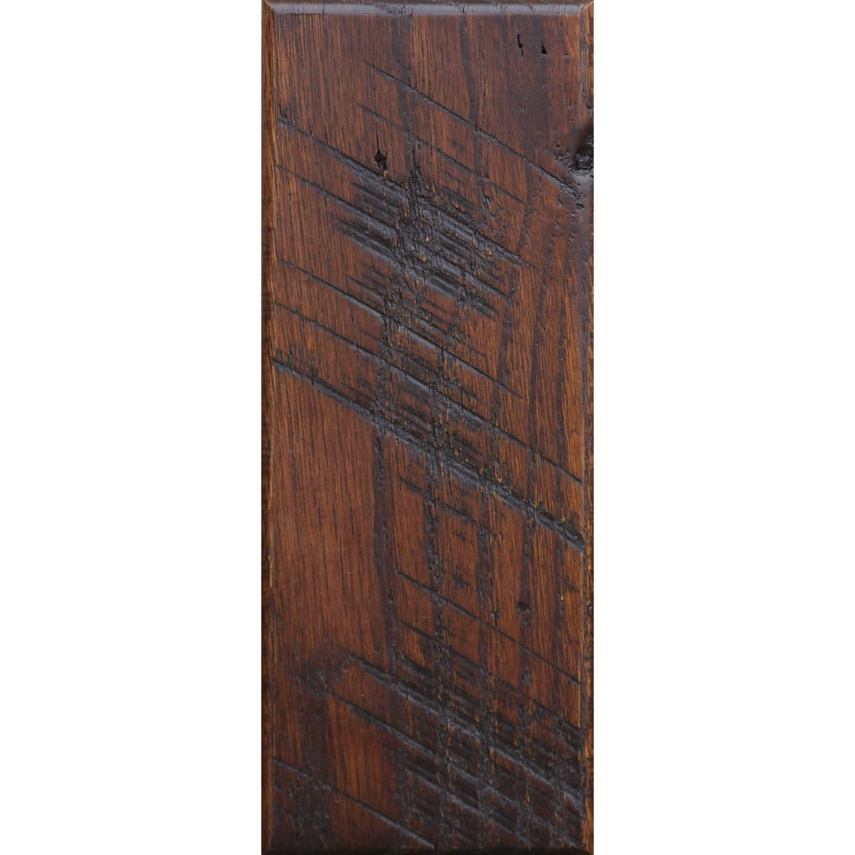 Coffee finish oak barnwood plank sample in dark chocolate brown with rough saw marks and worm holes