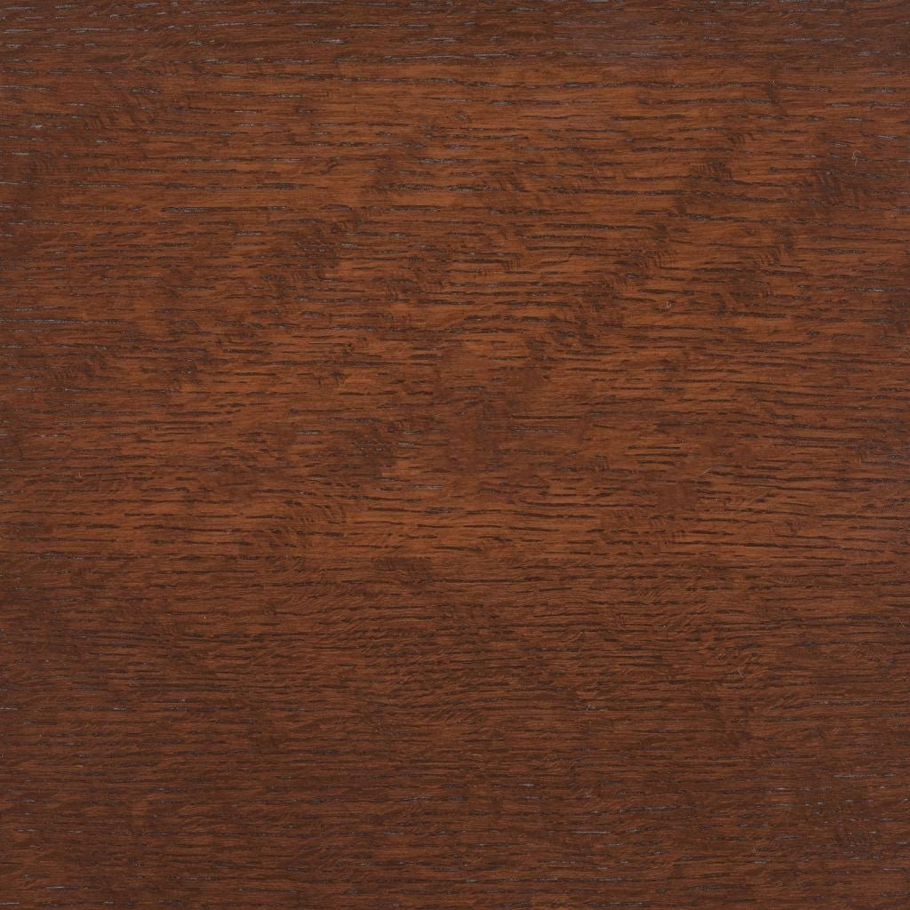 Coffee stain on quartersawn white oak, a dark warm brown swatch showing tight rays and flecked figure
