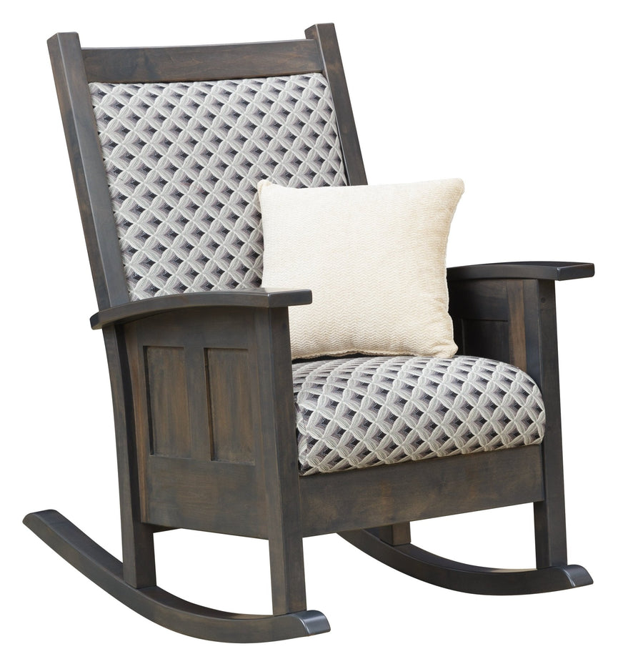 Shaker style cushion rocker in a charcoal gray finish with diamond patterned seat and back and a cream throw pillow