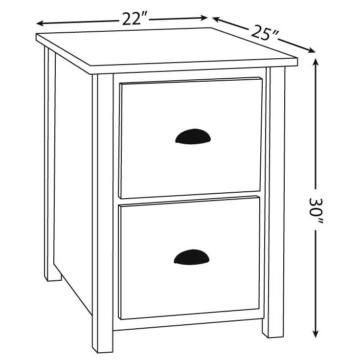 Dimension diagram of the two drawer file cabinet: 22 inches wide, 25 inches deep and 30 inches tall