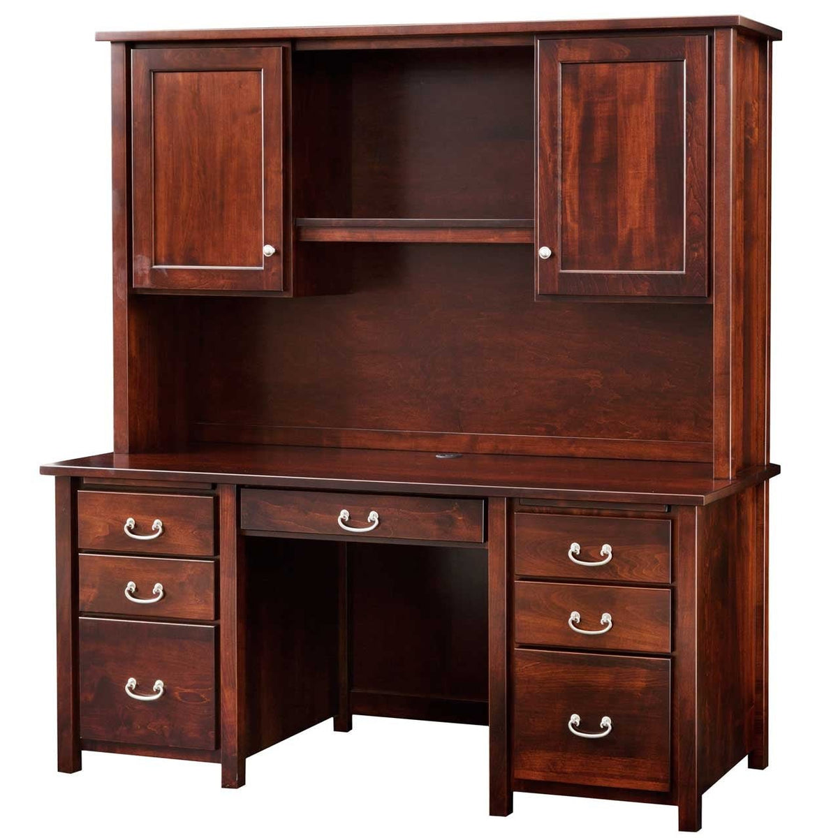Double pedestal desk paired with a hutch top: two paneled upper doors, open center shelf and six drawers below