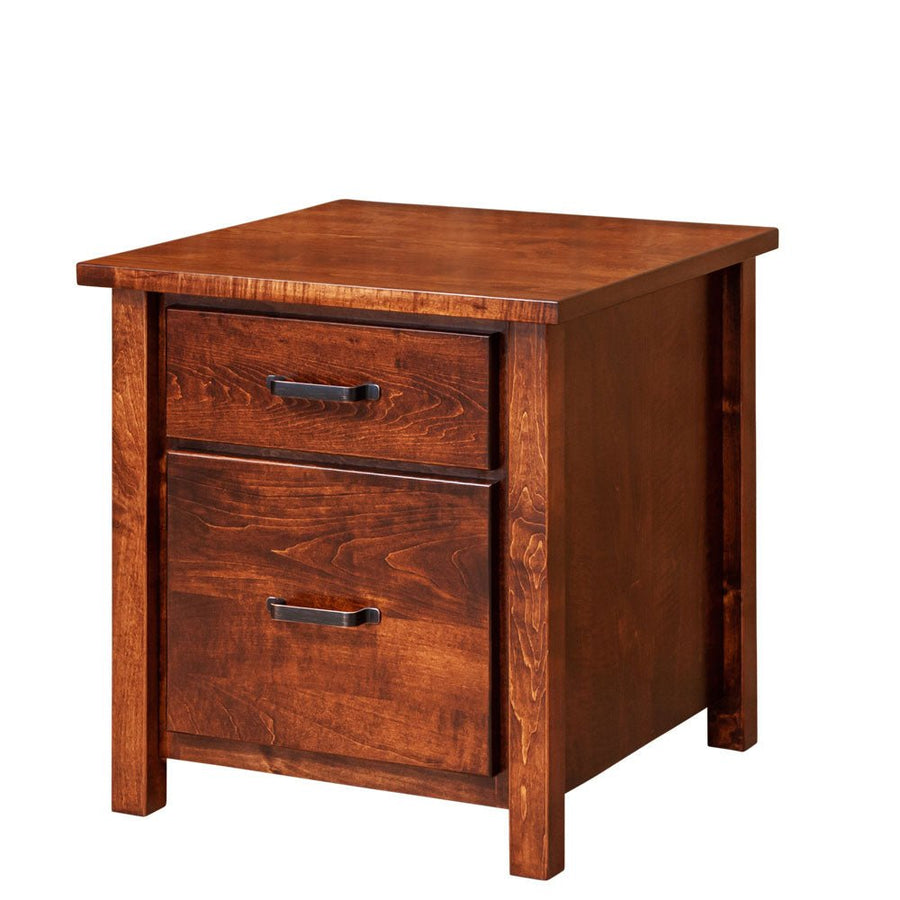Low file cabinet with two drawers, black bar pulls and thick square legs in a reddish brown wood finish