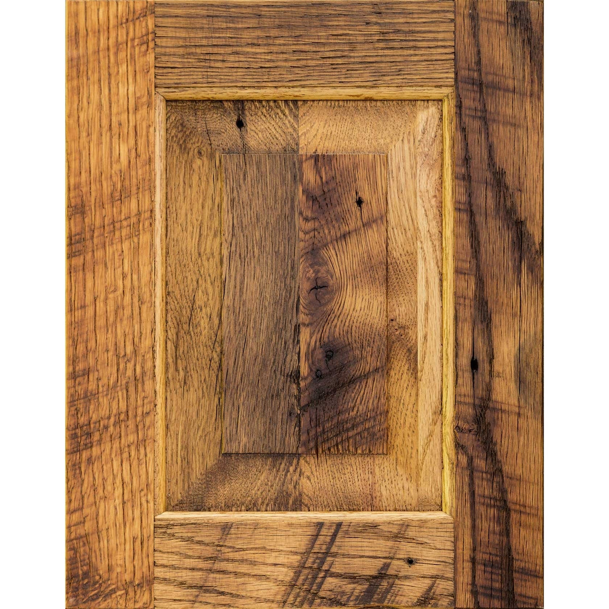 Fruit Wood finish on oak barnwood door with honey gold rustic boards, knots and rough sawn texture