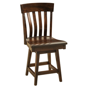 Brown maple swivel bar stool with a curved crest rail, lumbar back slats, wood seat and footrest rails