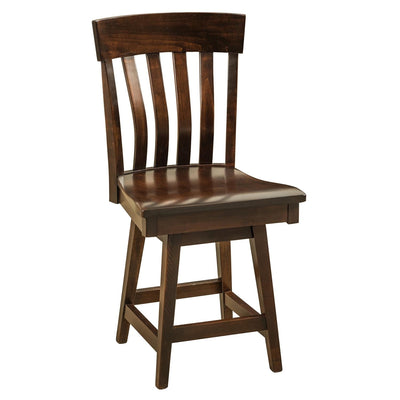 Brown maple swivel bar stool with a curved crest rail, lumbar back slats, wood seat and footrest rails