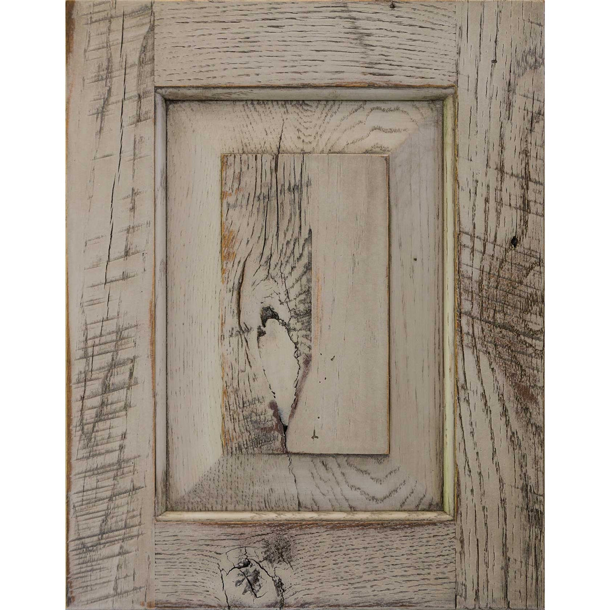 Gentile Gray over Van Dyke Brown barnwood door sample in weathered whitewashed gray with cracks