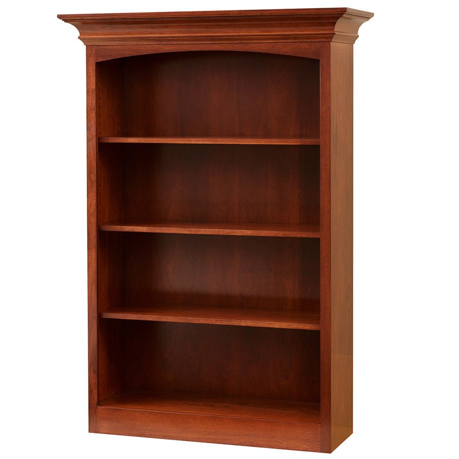Sixty inch cherry bookcase with crown molding, arched top rail and three adjustable shelves, angled view