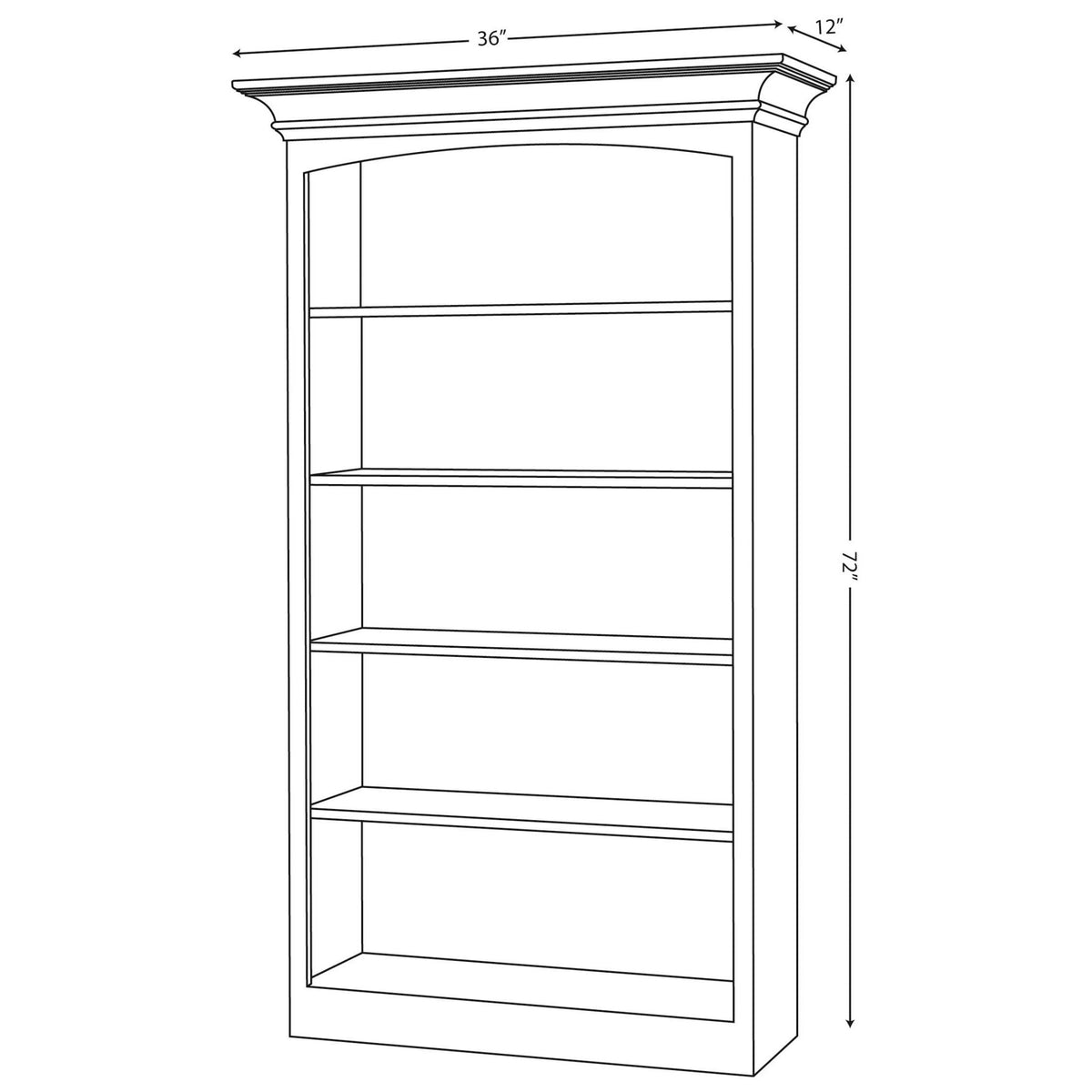 Dimension diagram of the 72 inch bookcase: 36 inches wide, 12 inches deep and 72 inches tall with five openings