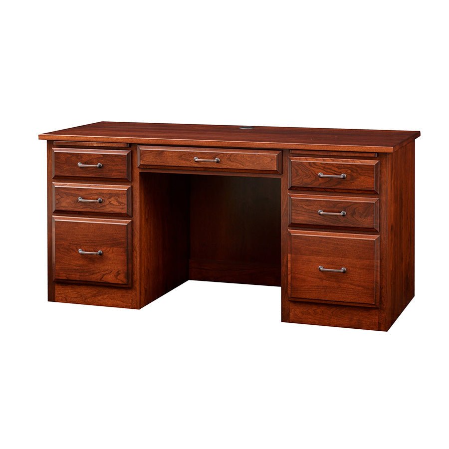 Cherry double pedestal desk with center drawer, three drawers per pedestal and antique nickel bar pulls
