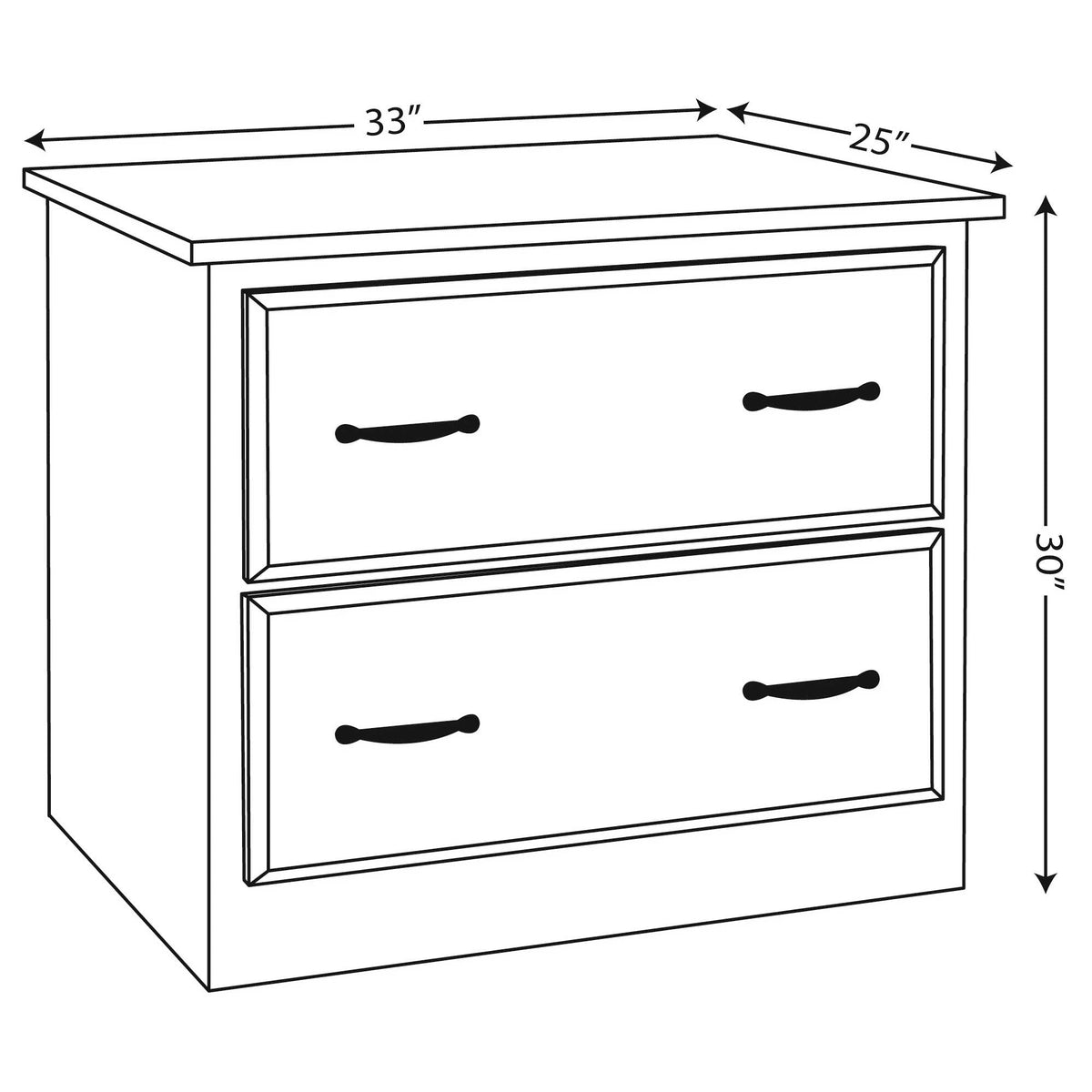 Dimension diagram of the lateral file cabinet: 33 inches wide, 25 inches deep and 30 inches tall with two drawers