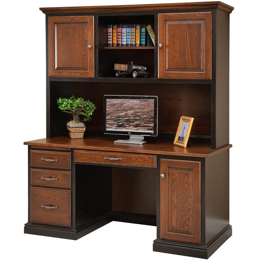 Front view of the two-tone hutch desk with oak raised panel doors, open shelf and black base molding