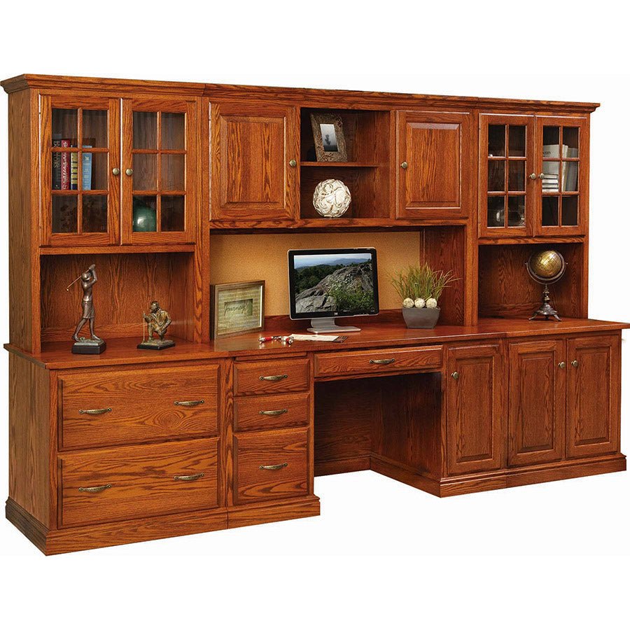 Full oak office wall unit with credenza desk, lateral files, glass door hutches and cork tack board