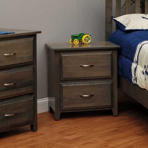 Hartford 2-drawer nightstand in weathered gray stain with brushed nickel bar pulls, styled beside a boy's bed on hardwood floor