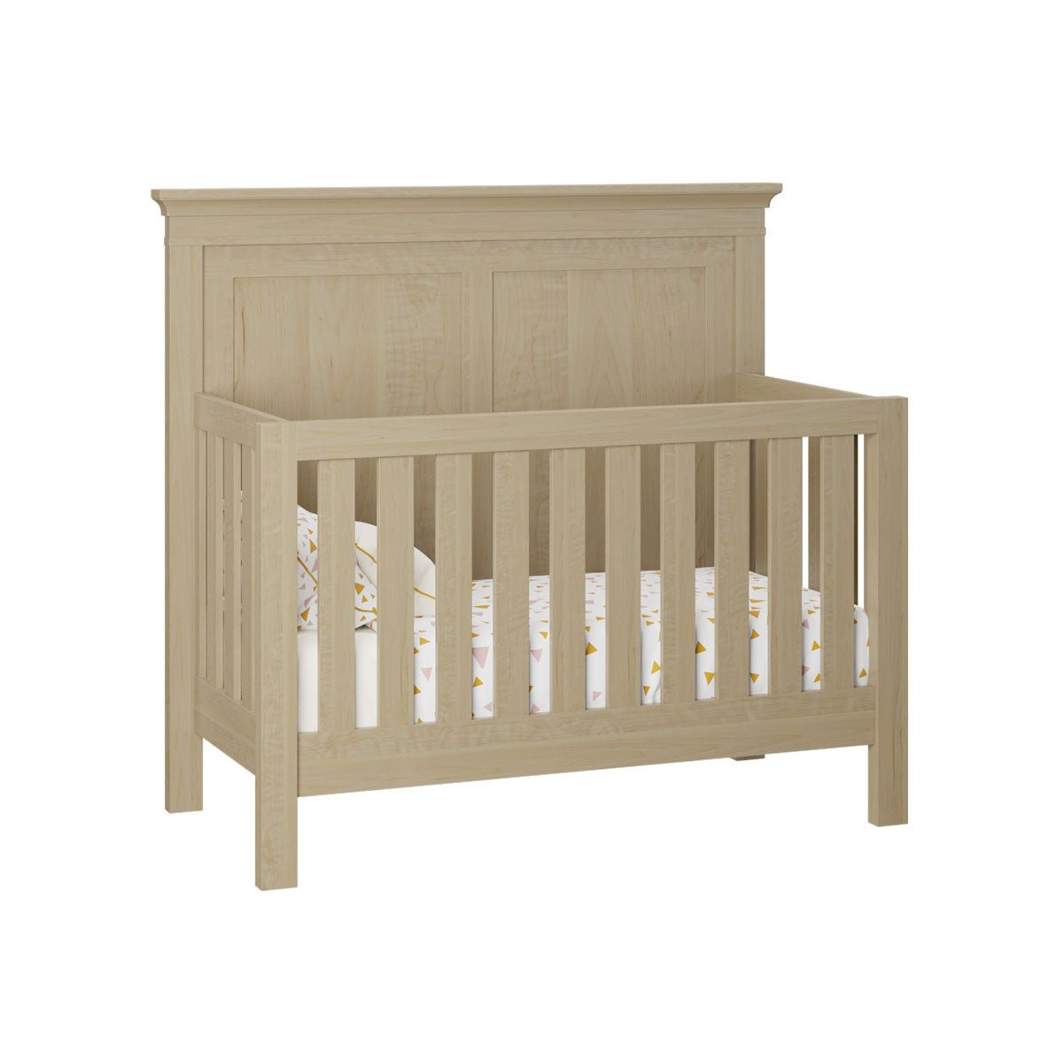 Light natural maple convertible crib with a paneled headboard, crown top molding and square corner posts