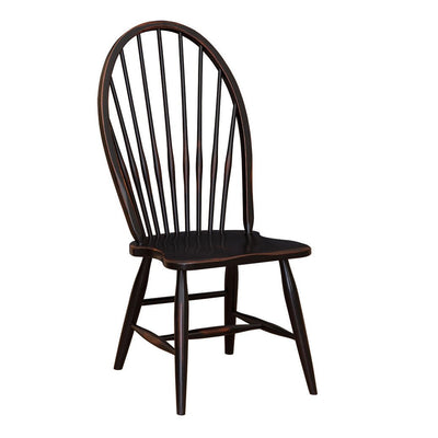 High back Windsor dining chair in distressed black with bowed spindle back and a scooped saddle seat