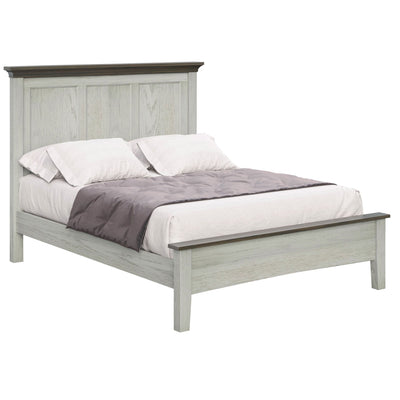 Whitewashed three panel bed with gray top caps, low plank footboard and white and gray bedding on a white background