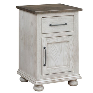 Antique white nightstand with one drawer over a raised panel door, pewter pulls, molded base and bun feet