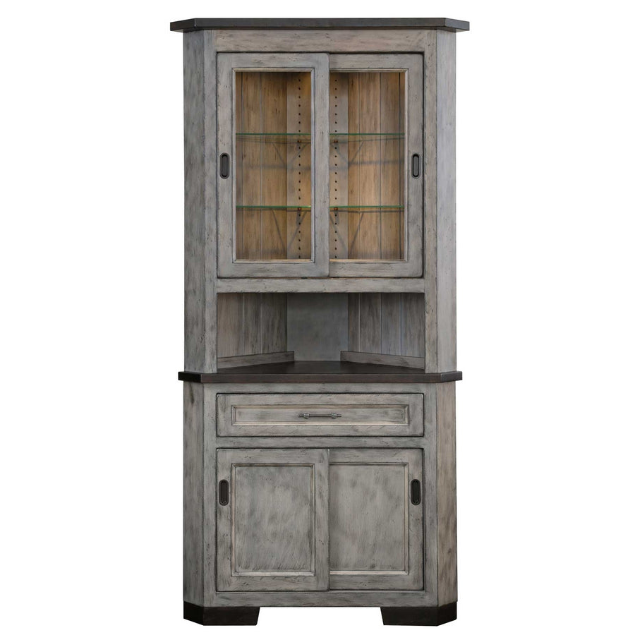 Distressed gray corner china cabinet with two sliding glass doors, adjustable glass shelves, open shelf, drawer and two base doors