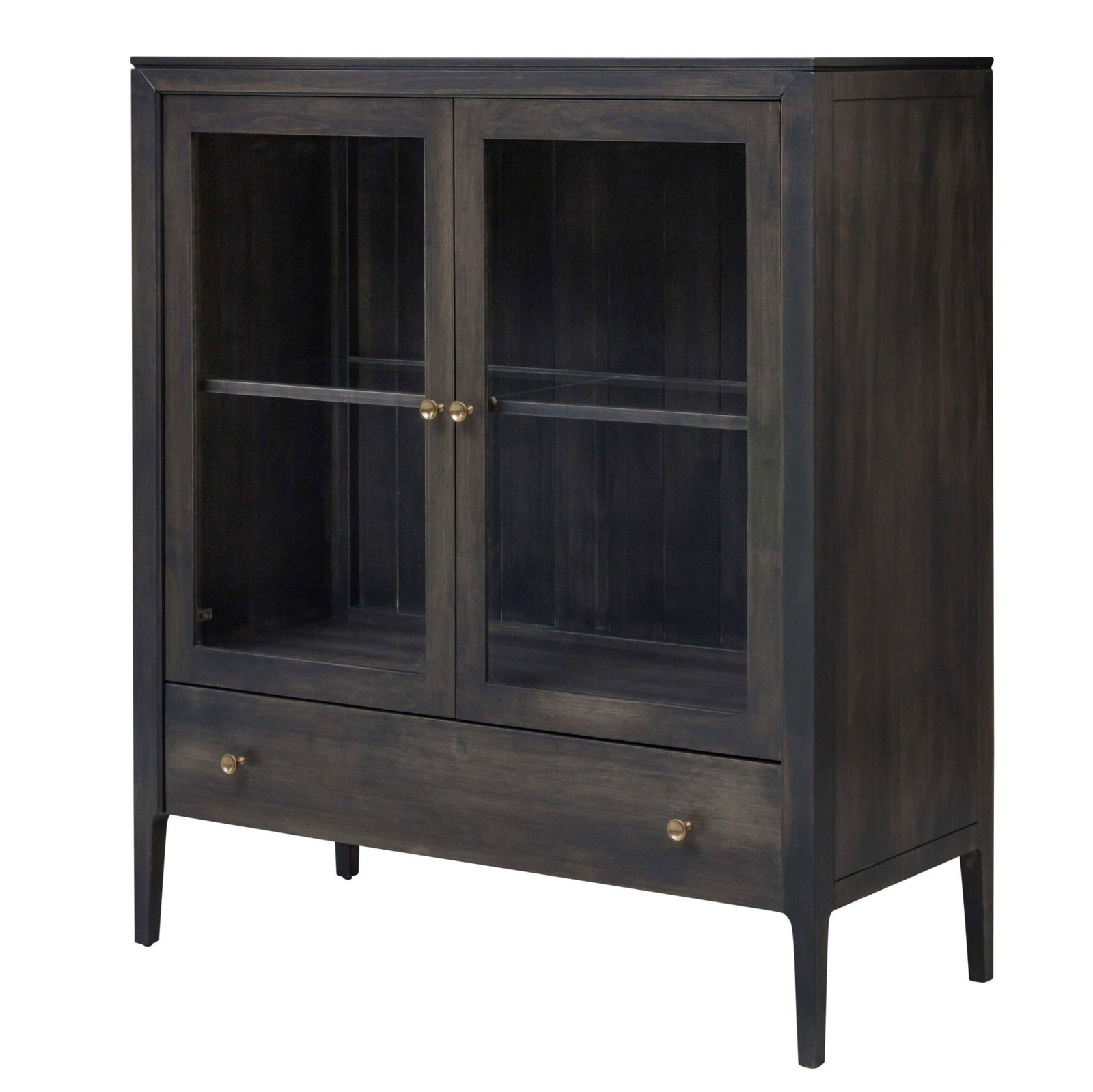 Charcoal painted two door display cabinet with glass doors, glass shelf and a lower drawer with brass knobs