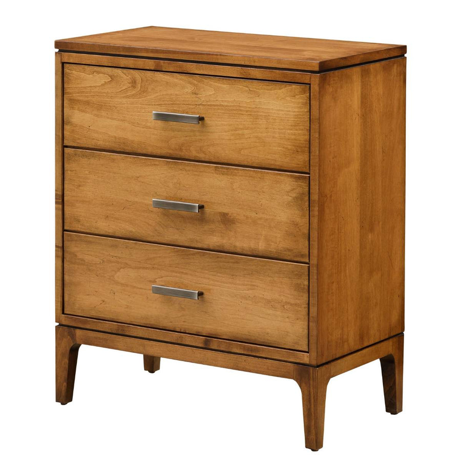 Solid maple nightstand chest with three drawers, brushed nickel bar pulls and tapered legs on a white background
