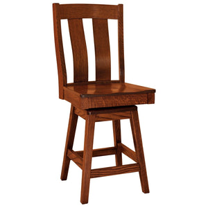 Oak swivel bar stool with two curved back slats, contoured seat and sturdy footrest stretchers