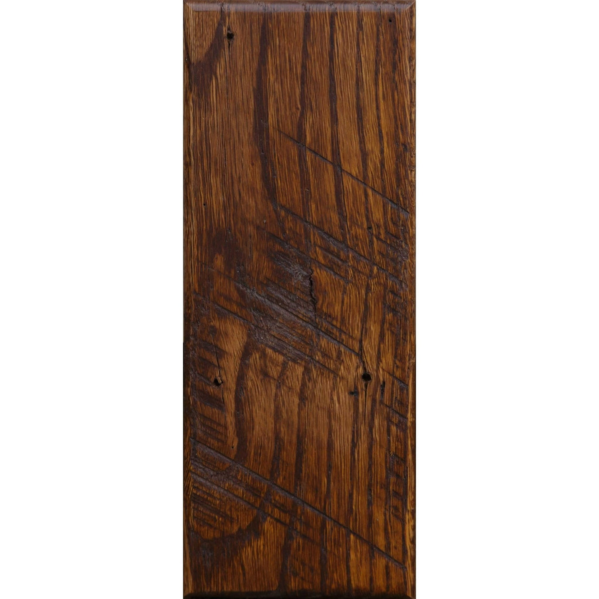 Lite Asbury oak barnwood plank sample in a medium golden brown with dark grain and saw kerf marks