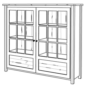 Line drawing of the large reclaimed wood bookcase with two nine-pane glass doors, three shelves and drawers