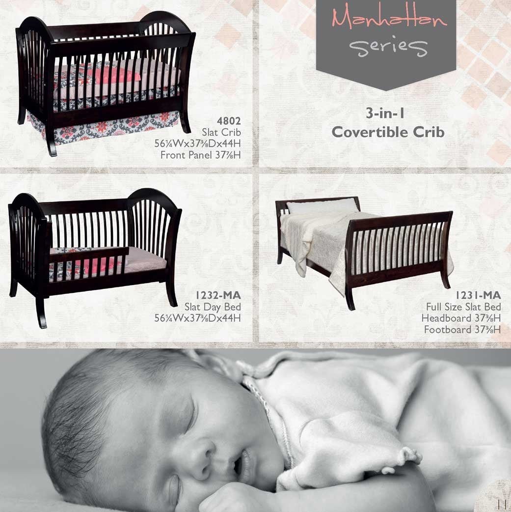 Manhattan series spec panel with the slat crib, slat day bed and full size slat bed and their dimensions
