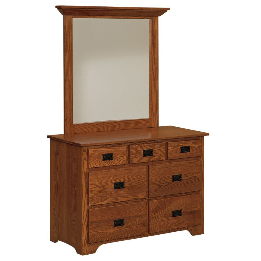 Seven drawer 48 inch Mission oak dresser with a tall square mirror and black recessed bail pulls