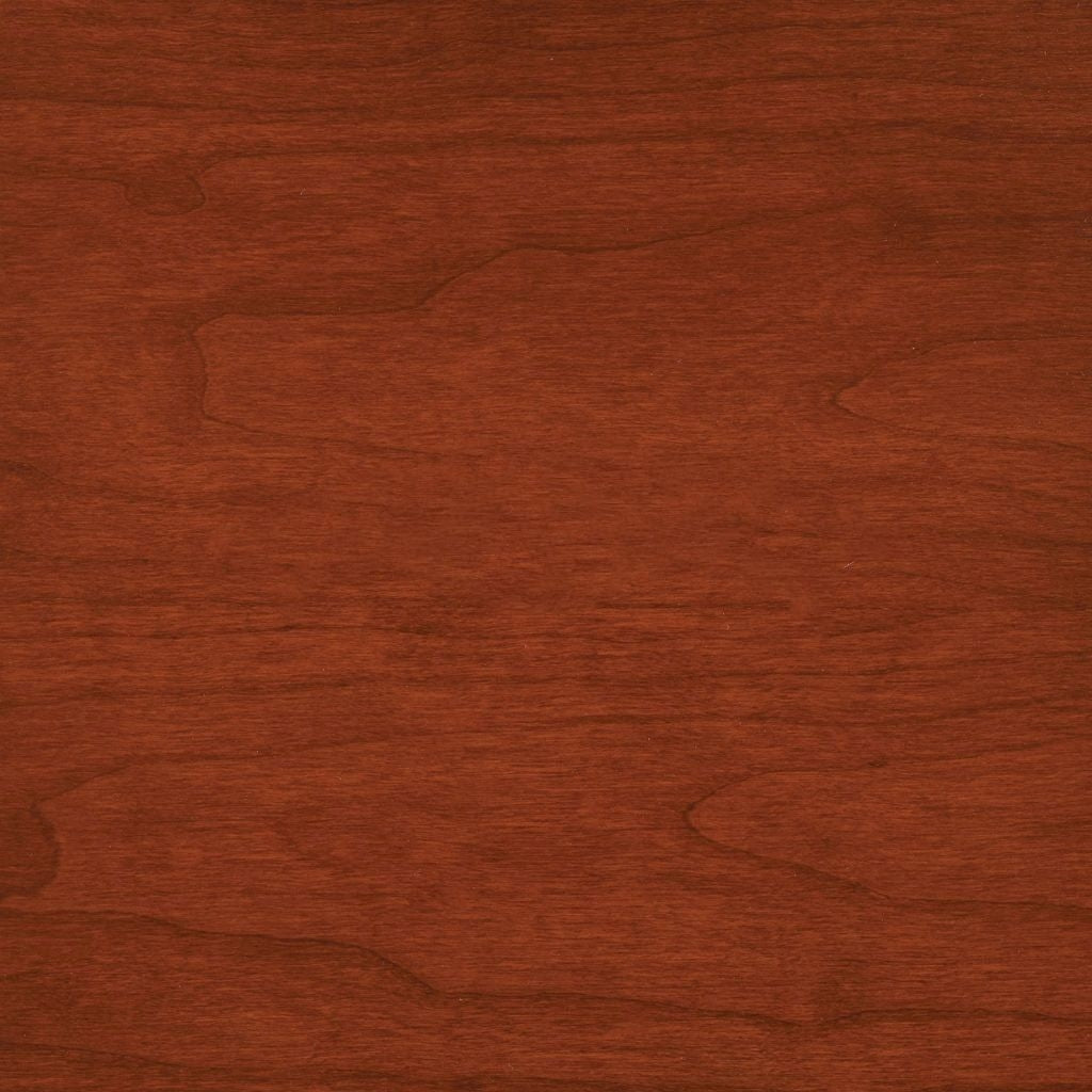 Mission stain on cherry, a deep red brown sample with smooth flowing grain and rich warm tone