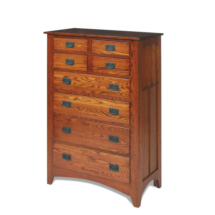 Mission style oak chest of eight drawers with slatted paneled sides, dark bail pulls and an arched base