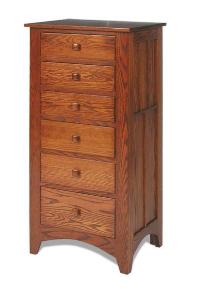Mission oak lingerie chest with six narrow drawers, square wood knobs, paneled sides and an arched base