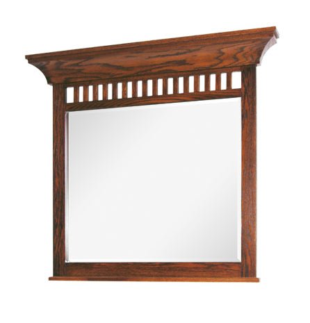 Mission style oak dresser mirror with a flared crown and slatted top gallery over the beveled glass