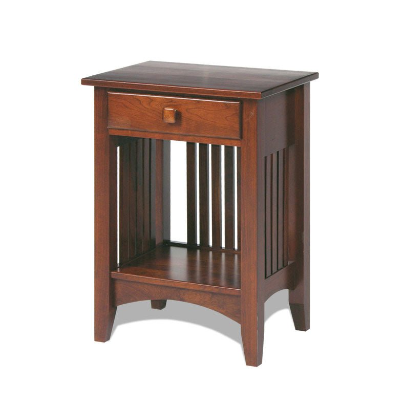 Open Mission nightstand in cherry with one drawer above an open shelf and slatted side panels