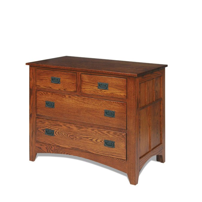 Mission oak single dresser with two small drawers over two wide drawers, dark bail pulls and arched base