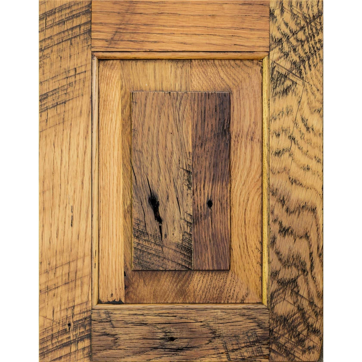 Natural finish with Van Dyke brown glaze on barnwood, a light honey door with rustic saw marks and knots