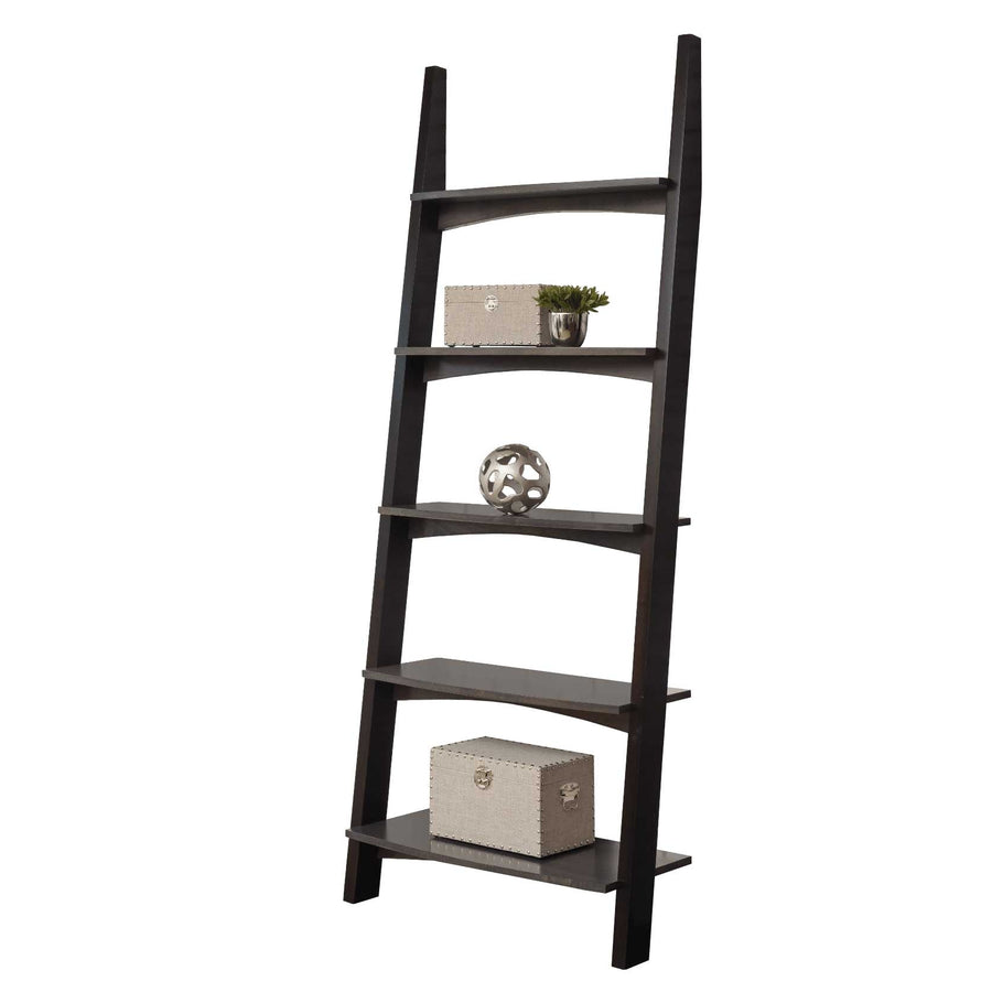 Five shelf leaning ladder bookcase in a dark espresso finish, styled with woven boxes and a plant