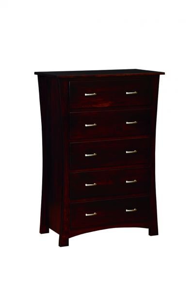 Deep cherry chest of five drawers shown at an angle, highlighting the curved legs and nickel pulls