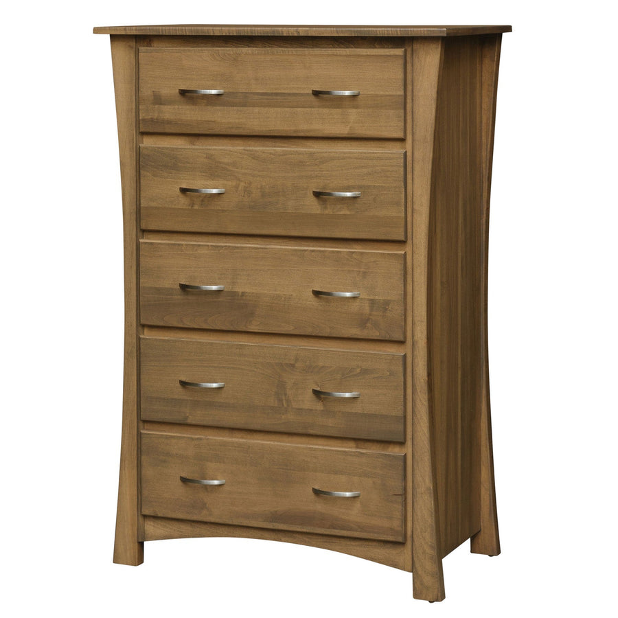 Chest of five drawers with sculpted curved side panels, nickel bar pulls and an arched base rail