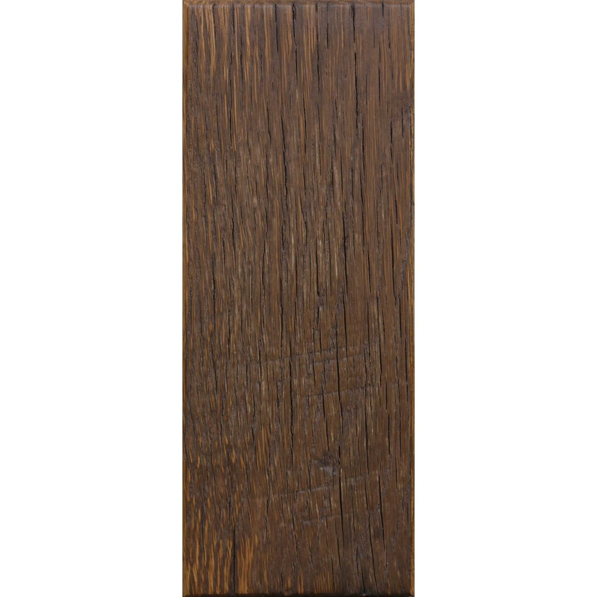 Provincial finish oak barnwood plank sample in warm medium brown with deep cracks and saw marks