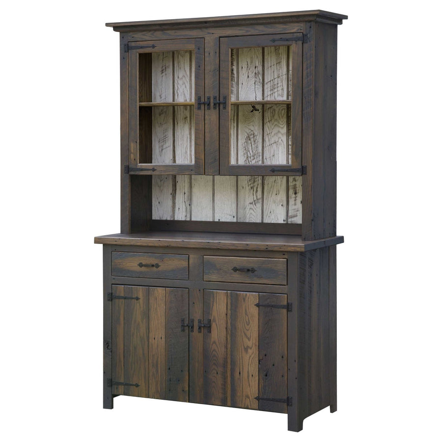 Two-door barnwood hutch in a gray brown stain with glass upper doors, plank back, two drawers and paneled base doors