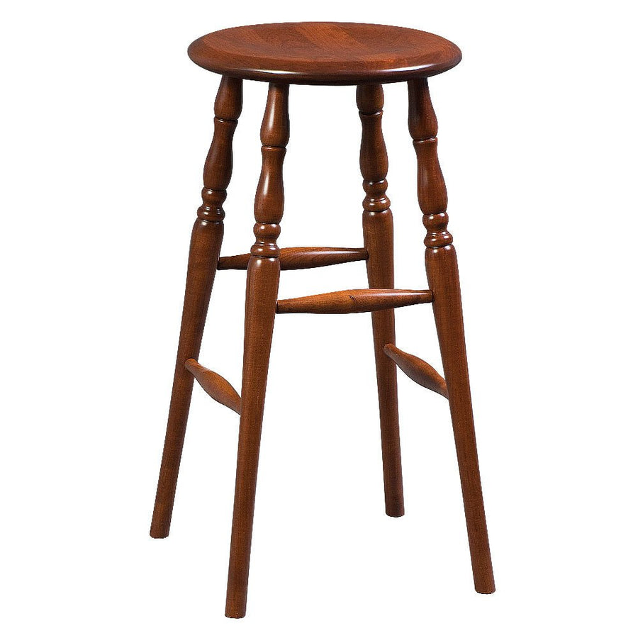 Tall round bar stool in cherry with a solid dished seat, four turned legs and arched foot stretchers, white background
